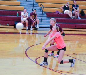 Haley Hummel is lined up for a perfect pass while Alyssa Peacock looks on against Windsor on Sept. 18. Paula Megenhardt / The Surveyor 