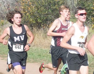 Berthoud's Luke Spitz, center, runs in the middle of the lead pack at the Region 4 cross country meet on Oct. 16. Spitz finished fifth and qualified to the state meet that will be held on Oct. 25 at the Norris-Penrose Event Center in Colorado Springs.  Photo courtesy of Lisa Spitz / The Surveyor