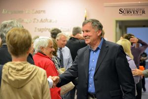 Berthoud resident and Thompson School Board District G candidate Dave Levy talks with people who attended the Larimer County League of Women Voters candidate forum Tuesday night at the Thompson School District Board of Education boardroom.  John Gardner / The Surveyor