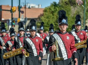 The Berthoud High School marching band pictured performing at this year’s Homecoming parade on Sept. 17. The band will make its way to Pueblo on Oct. 26 to perform for the judges at the 2A high school band state competition. Surveyor file photo / John Gardner 