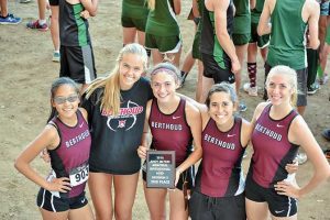 Berthoud’s cross country runners from left: Kathryn Mathiesen, Liz Bosnich, Maycee White, Hannah Buren and Cailey Archer won second place at the Andy Myers Invite in Greeley on Saturday. Photo courtesy Karen von Seggern