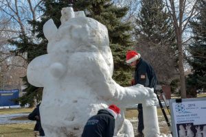 Team Merc members Steve Mercia, Ben Mercia and Alex Amys work on their snow sculpture on Dec. 16 in Colorado State Snow Sculpting Competition as part of the inaugural Berthoud Snowfest at Fickel Park. Team Merc took fi rst place. John Gardner / The Surveyor